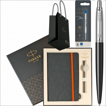 Pix Parker Jotter Royal Bond Street Black CT personalizat prin gravura cu rezerva pix Jumbo Quink Flow albastra in cutie cu agenda si punga 