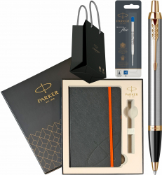 Pix Parker IM Royal Brushed Metal GT Personalizat prin Gravura Laser cu rezerva pix Jumbo Quink Flow albastra in cutie cu agenda si punga 