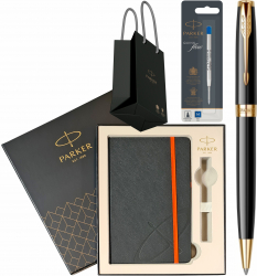 Pix Parker Sonnet Royal Black GT Personalizat prin Gravura Laser cu rezerva pix Jumbo Quink Flow albastra in cutie cu agenda si punga 