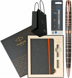 Pix Parker Sonnet Royal Dark Brown Laque PGT cu rezerva pix Jumbo Quink Flow albastra in cutie cu agenda si punga 
