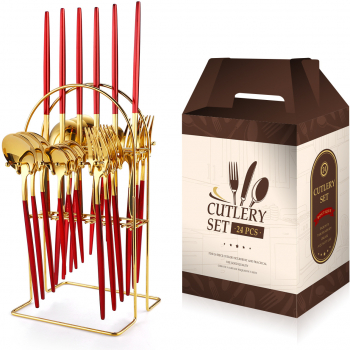 Set tacamuri portugheze din inox 24 piese cu suport TRENDY and rsquo S rosu-gold 