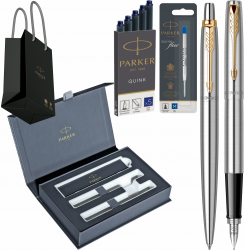 Parker Stilou Pix Jotter Royal Stainless Steel GT Personalizat rezerva pix set 5 buc cartuse lungi Parker Quink cutie duo Royal si punga 