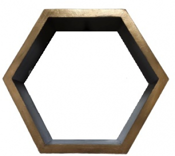 Raft de perete din lemn in forma hexagonala tip fagure cu prindere ascunsa Carnival negru/auriu 37.5 x 32.5 x 9.5 cm 