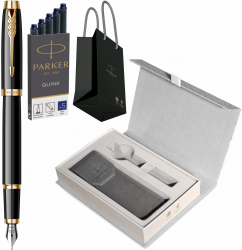 Set Parker Stilou IM Royal Black Lacquer GT Personalizat cartuse lungi Parker Quink set 5 buc cutie cu etui Royal Collection punga 