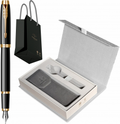 Set Parker Stilou IM Royal Black Lacquer GT Personalizat cutie cu etui Royal Collection si punga 