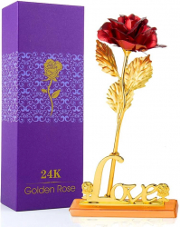 Trandafir Rosu suflat cu aur de 24K - cu suport Love