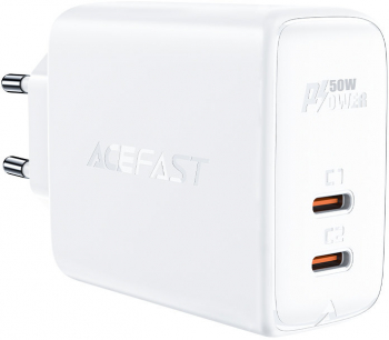 Incarcator Acefast GaN 2 x USB Type C 50W PD QC 3.0 AFC FCP Alb HUR-BBL6334 