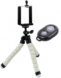 Mini trepied flexibil cu suport pentru telefon - Alb + telecomanda bluetooth pentru control telefon la distanta IOS sau Android