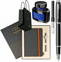 Set Parker Stilou IM Royal Black Lacquer CT Personalizat prin Gravura Laser convertor functional calimara cerneala cutie cu agenda si punga 