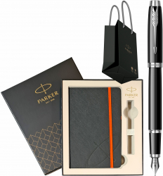 Stilou Parker IM Royal Black Lacquer CT Personalizat prin Gravura Laser in cutie cu agenda si punga 
