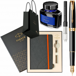 Set Parker Stilou Sonnet Royal Black GT Personalizat prin Gravura Laser convertor montat calimara cerneala cutie cu agenda si punga 