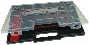 Organizator portabil cu maner 20 compartimente cu despartitoare detasabile 290x195x35mm capac transparent negru 