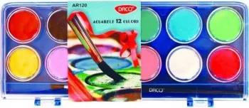 Acuarele cu Pensula DACO 12 Culori cu un Continut Mare de Pigment Diametrul Pastilei 30 mm Culori Pictura Acuarele Scoala Acuarele Pictura 