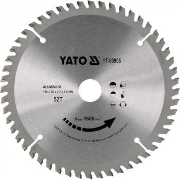 Disc cu Vidia pentru Aluminiu Diametru 160mm Interior 20mm 52 Dinti YATO YT-60905 