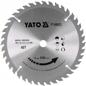 Disc cu Vidia pentru Lemn Diametru 190mm Interior 16mm 40 Dinti YATO YT-60633 