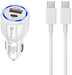 Kit adaptor auto pentru incarcare telefon cu tehnologia Qualcomm Fast Charging plus cablu USB Tip C la Tip C cu putere de 20W PD. 
