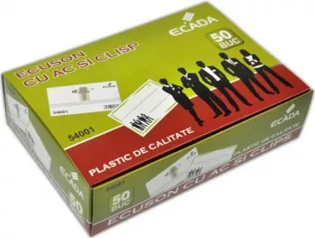 Set 50 Ecusoane cu Clips si Ac de Siguranta Ecada 90x57 mm Dimensiune Hartie 89x55 mm Plastic 