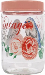 Borcan Vintage Bird 720 ml 8.5x14 cm Model Floral/Pasari Sticla cu Capac Roz