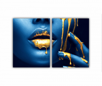Set 2 Tablouri Multicanvas GOLD FASHION negru albastru auriu Femei cu Machiaj Auriu 17 0562 120X80 cm 