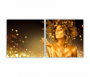 Set 2 Tablouri Multicanvas GOLD FASHION - negru auriu - Craciun Fericit - Femei cu Machiaj Auriu 20 0565 160X80 cm 