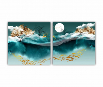 Set 2 Tablouri Multicanvas Ilustratie 3D a caprioarelor care se plimba prin padure 0711 160X80 cm 