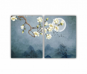 Set 2 Tablouri Multicanvas Ilustratie 3D de flori - luna - stol de pasari si munti 0687 120X80 cm 
