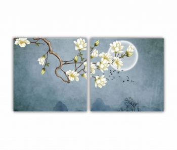 Set 2 Tablouri Multicanvas Ilustratie 3D de flori - luna - stol de pasari si munti 0687 160X80 cm 