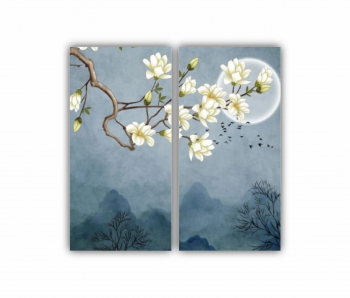 Set 2 Tablouri Multicanvas Ilustratie 3D de flori - luna - stol de pasari si munti 0687 80X80 cm 