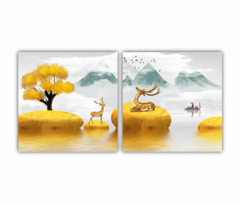 Set 2 Tablouri Multicanvas Pictura abstracta de peisaj auriu 0632 160X80 cm 