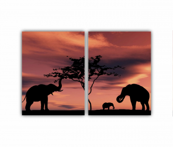 Set 2 Tablouri Multicanvas Siluete de elefant negru langa un rau 0653 180X120 cm 