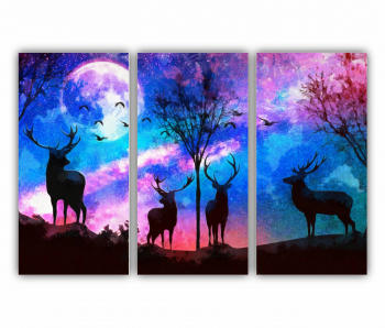 Set 3 Tablouri Multicanvas Cerbii intr-o padure de noapte cu fundal cetoscu luna 0794 180X120 cm 