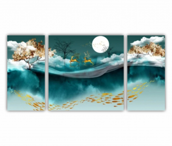 Set 3 Tablouri Multicanvas Ilustratie 3D a caprioarelor care se plimba prin padure 0711 120X60 cm 