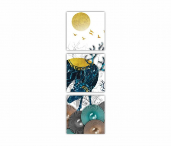 Set 3 Tablouri Multicanvas Ilustratie 3D a cerbului verde pe munte si copaci uscati 0747 60X180 cm 