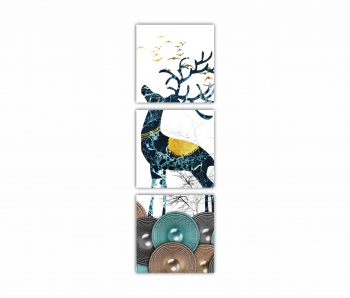 Set 3 Tablouri Multicanvas Ilustratie 3D a cerbului verde pe munte si copaci uscati 0753 40X120 cm 