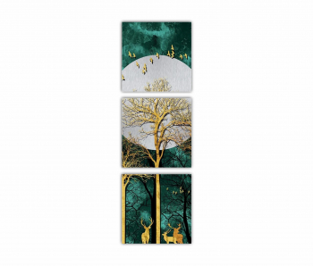 Set 3 Tablouri Multicanvas Ilustratie 3D a padurii seara cu cerb auriu 0706 60X180 cm 