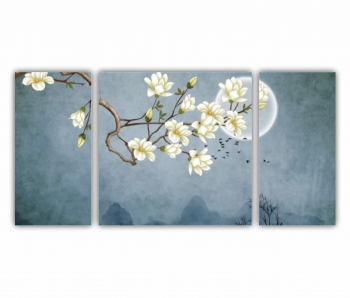 Set 3 Tablouri Multicanvas Ilustratie 3D de flori - luna - stol de pasari si munti 0687 120X60 cm 