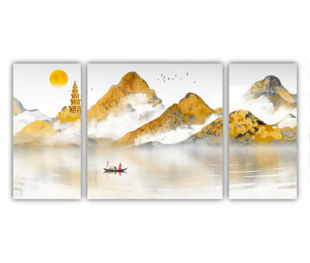 Set 3 Tablouri Multicanvas Pictura de peisaj auriu in stil chinezesc 0627 120X60 cm 