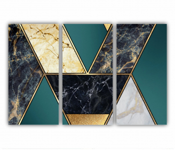 Set 3 Tablouri Multicanvas Textura creativa a marmurei incrustatie de mozaic modern verde si auriu 0824 180X120 cm 