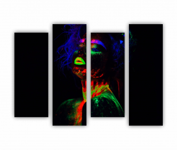 Set 4 Tablouri Multicanvas Femeie frumoasa par albastru si buze verzi in lumina neonului 1 0589 160X120 cm 