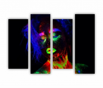 Set 4 Tablouri Multicanvas Femeie frumoasa par albastru si buze verzi in lumina neonului 2 0590 160X120 cm 