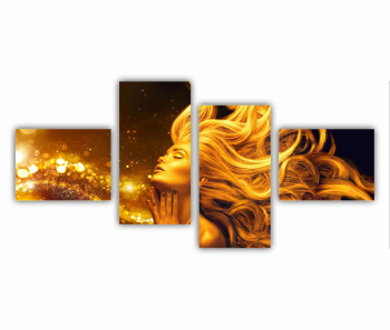 Set 4 Tablouri Multicanvas Femeie in culori auriu care sufla sclipici 0847 140X70 cm 