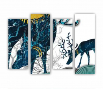 Set 4 Tablouri Multicanvas Ilustratie 3D a cerbului verde pe munte si copaci uscati 0747 160X120 cm 