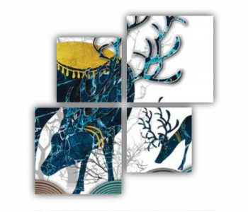 Set 4 Tablouri Multicanvas Ilustratie 3D a cerbului verde pe munte si copaci uscati 0747 160X160 cm 