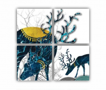 Set 4 Tablouri Multicanvas Ilustratie 3D a cerbului verde pe munte si copaci uscati 0747 80X80 cm 