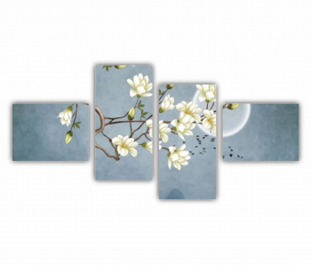 Set 4 Tablouri Multicanvas Ilustratie 3D de flori - luna - stol de pasari si munti 0687 140X70 cm 