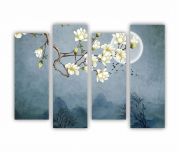 Set 4 Tablouri Multicanvas Ilustratie 3D de flori - luna - stol de pasari si munti 0687 160X120 cm 