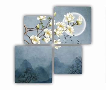 Set 4 Tablouri Multicanvas Ilustratie 3D de flori - luna - stol de pasari si munti 0687 160X160 cm 