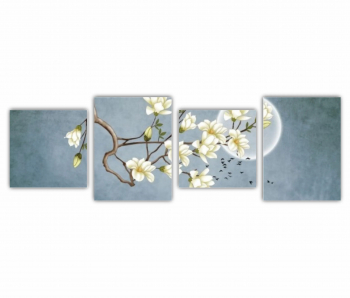 Set 4 Tablouri Multicanvas Ilustratie 3D de flori - luna - stol de pasari si munti 0687 240X80 cm 