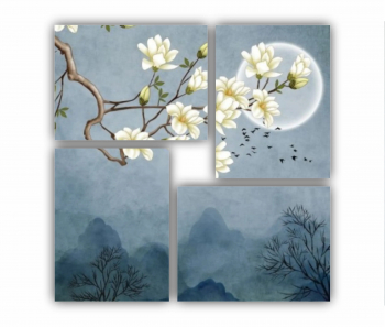 Set 4 Tablouri Multicanvas Ilustratie 3D de flori - luna - stol de pasari si munti 0687 70X70 cm 