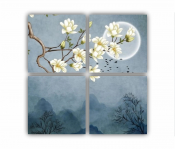 Set 4 Tablouri Multicanvas Ilustratie 3D de flori - luna - stol de pasari si munti 0687 80X80 cm 